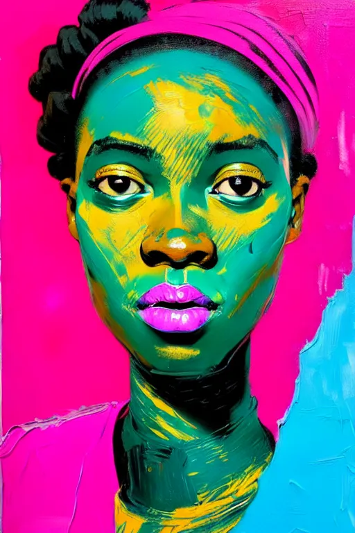 Prompt: portrait of a stylized african young lady with a story to tell, painted in acrylic, pigment textures, wet paint, in the colors hot pink and cyan, beautiful realistic face, rule of thirds, spotlight, by greg rutkowski, by jeremy mann, by francoise nielly, by van gogh, by ross tran, in focus