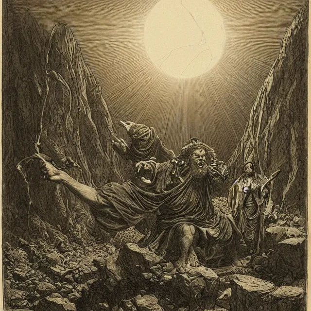 Prompt: etching by Franklin Booth and Gustav Doré showing frightened sorcerer in the desert by night, surrounded by nightmares in the shadows, mystic athmosphere, by Greg Rutkowski, deformed rocks, snakes, scorpions, UHD, 8K,