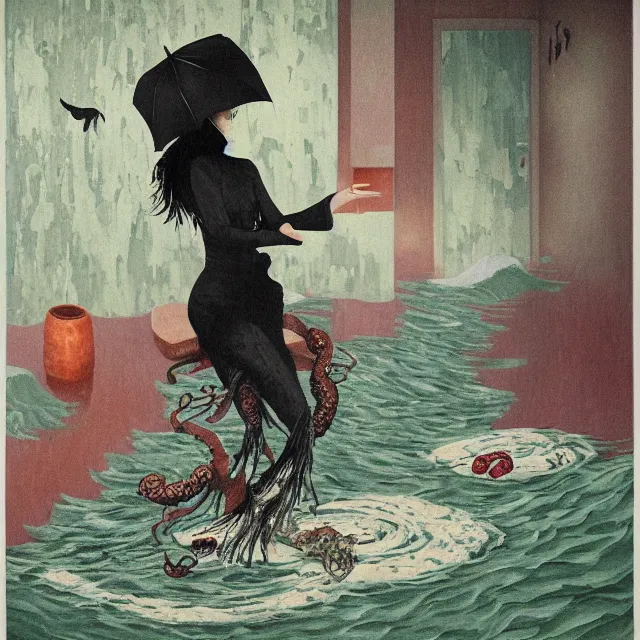 Prompt: tall emo female artist holding a turtle in her flooded apartment, seaweed, pomegranates, octopus, water gushing from ceiling, painting of flood inside an artist's apartment, a river flooding indoors, ikebana, zen, rapids, waterfall, black swans, canoe, berries, acrylic on canvas, surrealist, by magritte and monet