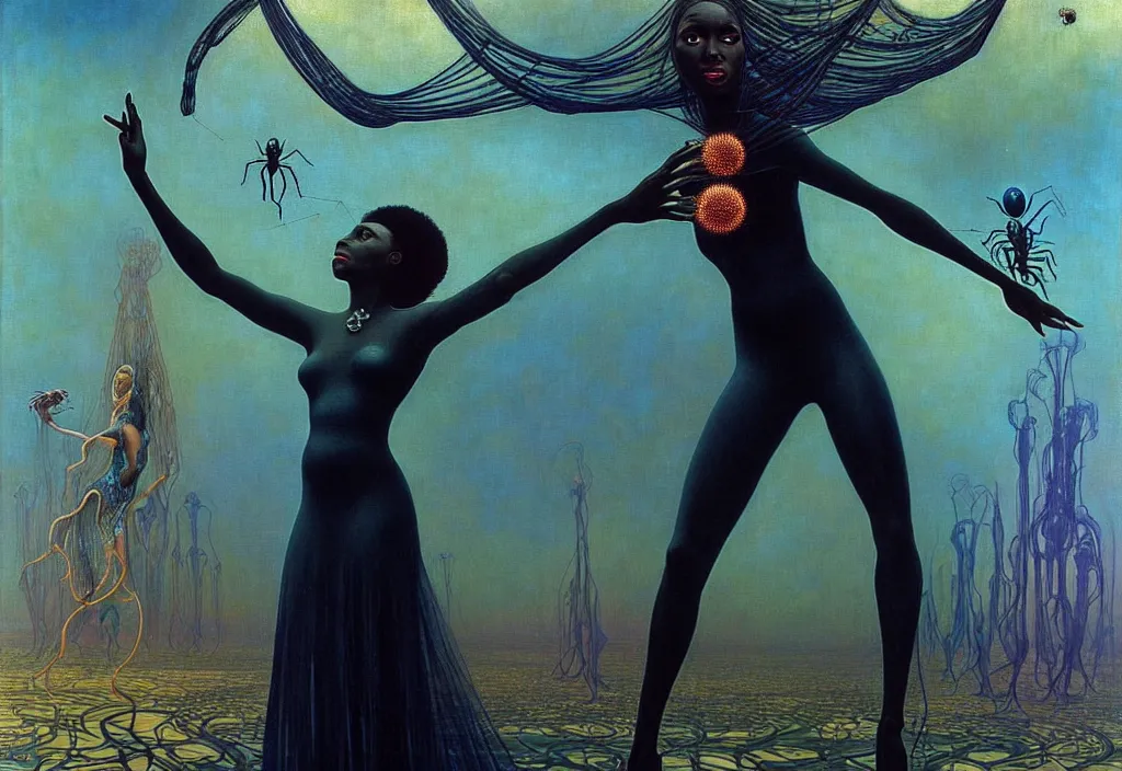 Image similar to realistic detailed portrait movie shot of a single beautiful black woman in a transparent sheer fabric dress dancing with a giant spider, futuristic sci fi landscape background by denis villeneuve, jean delville, yves tanguy, ernst haeckel, alphonse mucha, max ernst, monia merlo, roger dean, sci fi necklace, masterpiece, dreamy, rich moody colours