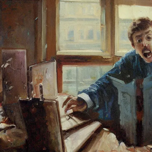 Image similar to an angry man yells at his computer monitor, oil on canvas, 1 8 8 3, highly detailed