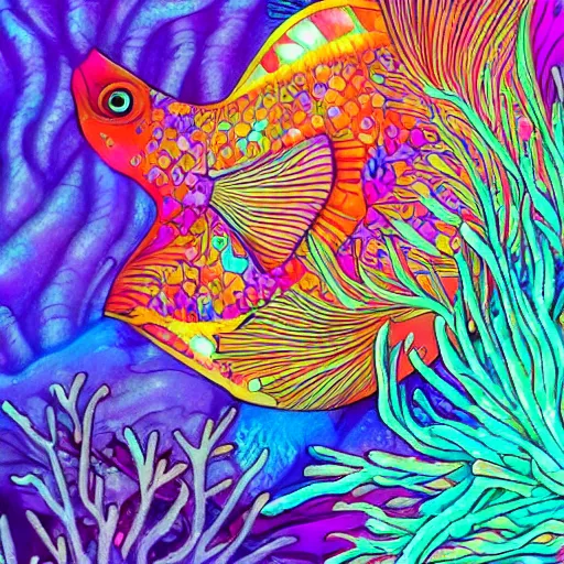 Image similar to coral underwater colorful, fantasy, intricate, highly detailed, little fish and sea life digital painting, hd, trending on artstation, illustration, fine lines, sharp edges, colourful, a reallistic attractive woman, swimming,