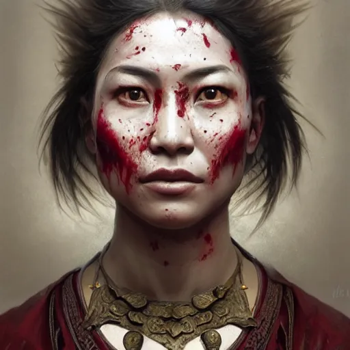 Prompt: portrait painting of a muscular bloodied nepali female butcher, ultra realistic, concept art, intricate details, eerie, highly detailed, photorealistic, octane render, 8 k, unreal engine. art by artgerm and greg rutkowski and alphonse mucha