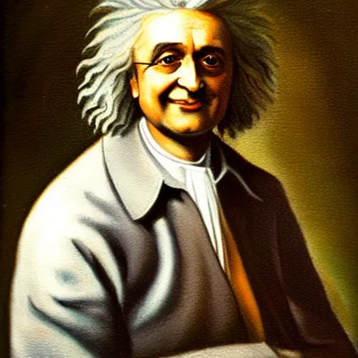 Image similar to oil painting portrait of the lovechild of Isaac Newton and Albert Einstein