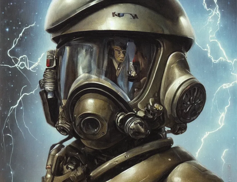 Prompt: a detailed portrait painting of a lone bounty hunter pilot wearing combat armour, gas mask and a reflective visor. Glass. Head and chest only. Movie scene, cinematic sci-fi scene. Flight suit, cloth and metal, accurate anatomy. portrait symmetrical and science fiction theme with lightning, aurora lighting. clouds and stars. Futurism by beksinski and tuomas korpi. baroque elements. baroque element. intricate artwork by caravaggio. Oil painting. Trending on artstation. 8k