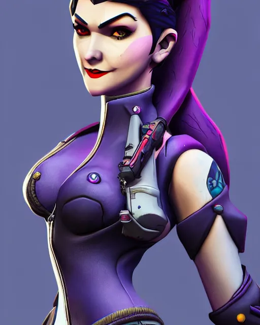 Image similar to widowmaker from overwatch, intricate details, highly detailed, in the style of gta game cover art