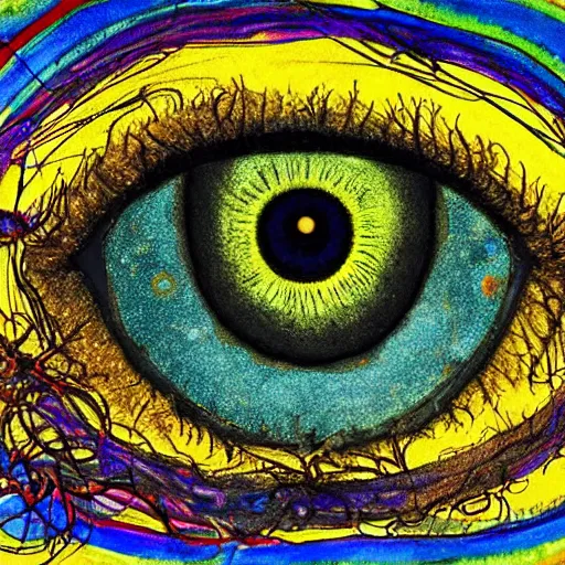 Prompt: A beautiful mixed mediart a large eye that is looking directly at the viewer. The eye is composed of a myriad of colors and patterns, and it is surrounded by smaller eyes. The smaller eyes appear to be in a state of hypnosis, and they are looking in different directions. astrophotography, bright yellow by Peter Kemp, by John Butler Yeats dismal