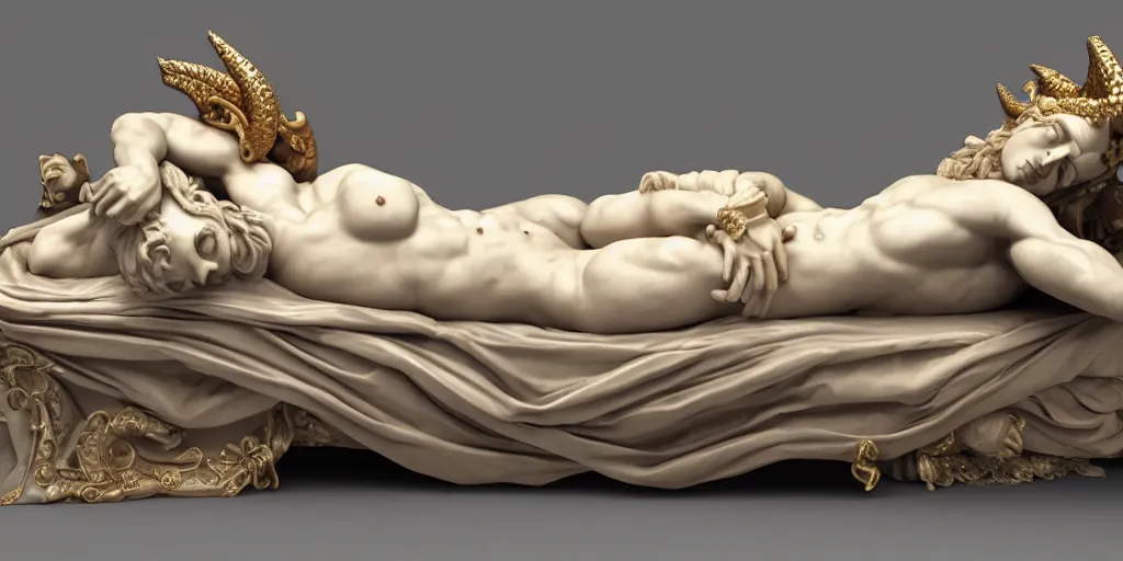 Prompt: baroque delicate full-body marble sculpture of reclining handsome horned teenage demon-boy laying back on a bed with his arm behind his head, gold silk flowing fabric,, Trending on artstation, octane render, cinematic, hyper realism, octane render, 8k, depth of field