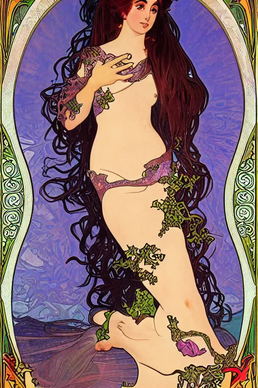 Image similar to realistic detailed face portrait of Mermaid Elizabeth Taylor, by Alphonse Mucha, and Lisa Frank, Art Nouveau, Neo-Gothic, gothic, rich deep colors