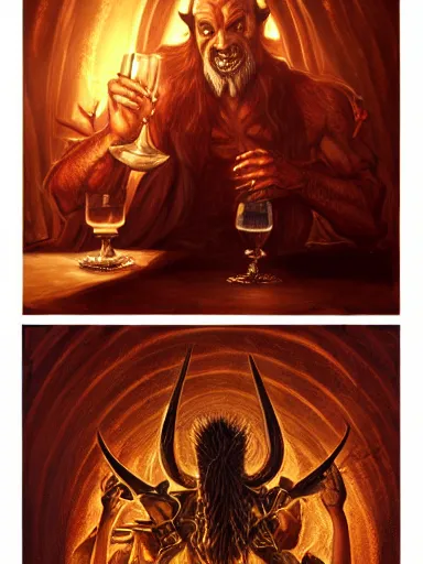 Image similar to satan, lucifer, beelzebub, mephistophelesdrinking wine a table in hell. intricate, elegant, highly detailed, digital painting, artstation, concept art, sharp focus, illustration, by justin gerard and artgerm, 8 k