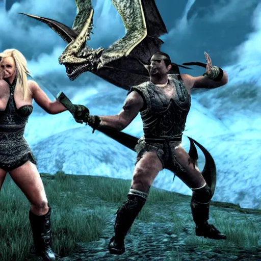 Image similar to Britney Spears fights a dragon in Skyrim