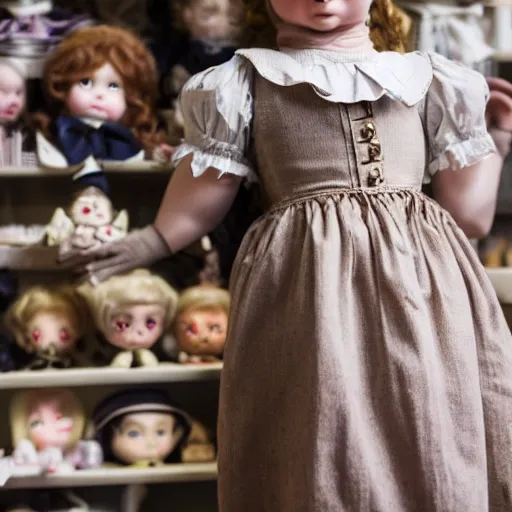 Image similar to human child standing in a victorian doll maker's shop looking at all of the dolls, 8 k, soft lighting, highly detailed realistic, face in focus