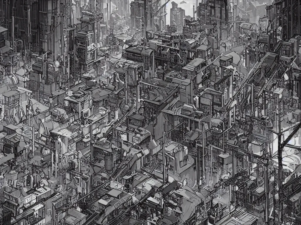 Image similar to industrial neighborhood in a cyberpunk city, in the style of james jean and laurie greasley, dynamic composition, dramatic lighting, hyper - realistic, ultra detailed