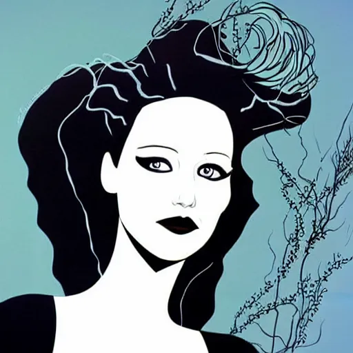 Prompt: jennifer lawrence as the bride of frankenstein, patrick nagel art style