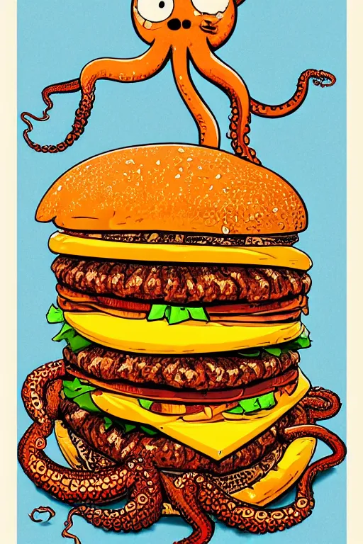 Image similar to illustration of a an octopus inside a cheeseburger, highly detailed, 8 k, vintage, screen print, trending on artstation