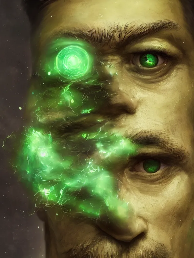 Prompt: selfie of a man, green skin, studio photoshot, 2 eyes, unknown race, cinematic, cosmic background, high quality, cgsociety, artgerm, 4 k, uhd, 5 0 mm, trending on artstation