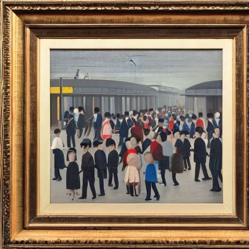 Prompt: painting of commuters heading to the central business district of singapore, painted by laurence stephen lowry, oil on canvas, national gallery