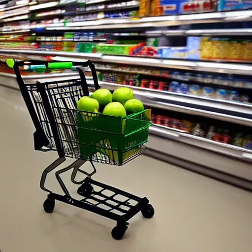 Image similar to a shopping cart made of unique technology, cameras, lasers, in the style of an apple product, futuristic, inside of a grocery store