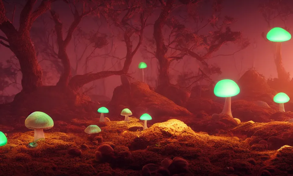 Image similar to bioluminescent mushrooms on an alien landscape with spores of glowing light, atmospheric lighting, octane 3d render, 4k wallpaper