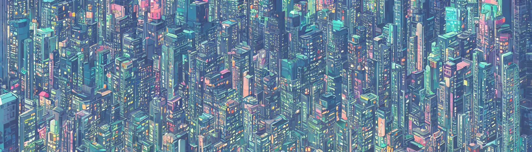 Prompt: vertical panorama of the neo - tokyo skyline in the style of studio ghibli