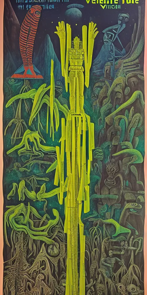 Prompt: 1968 science fiction movie poster, cut out collage, neon mayan, deep winter on Venus, epic theater, deep forest creatures, mountain plants, drawings in part by Diego Rivera, part by Ernst Haekl, text by William S Boroughs, written by Michael Ende