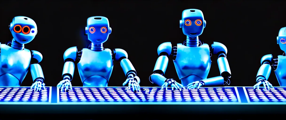 Image similar to a highly detailed photo of two futuristic matte blue full humanoid robots with glowing led eyes and chrome accents, sitting on large midcentury recliners facing off in an intense game of checkers. cinematic movie photograph, cinematic lighting, arri alexa, extremely detailed, smooth, very very clean, 8 k, octane render, maya render, unreal engine, trending on artstation, dslr