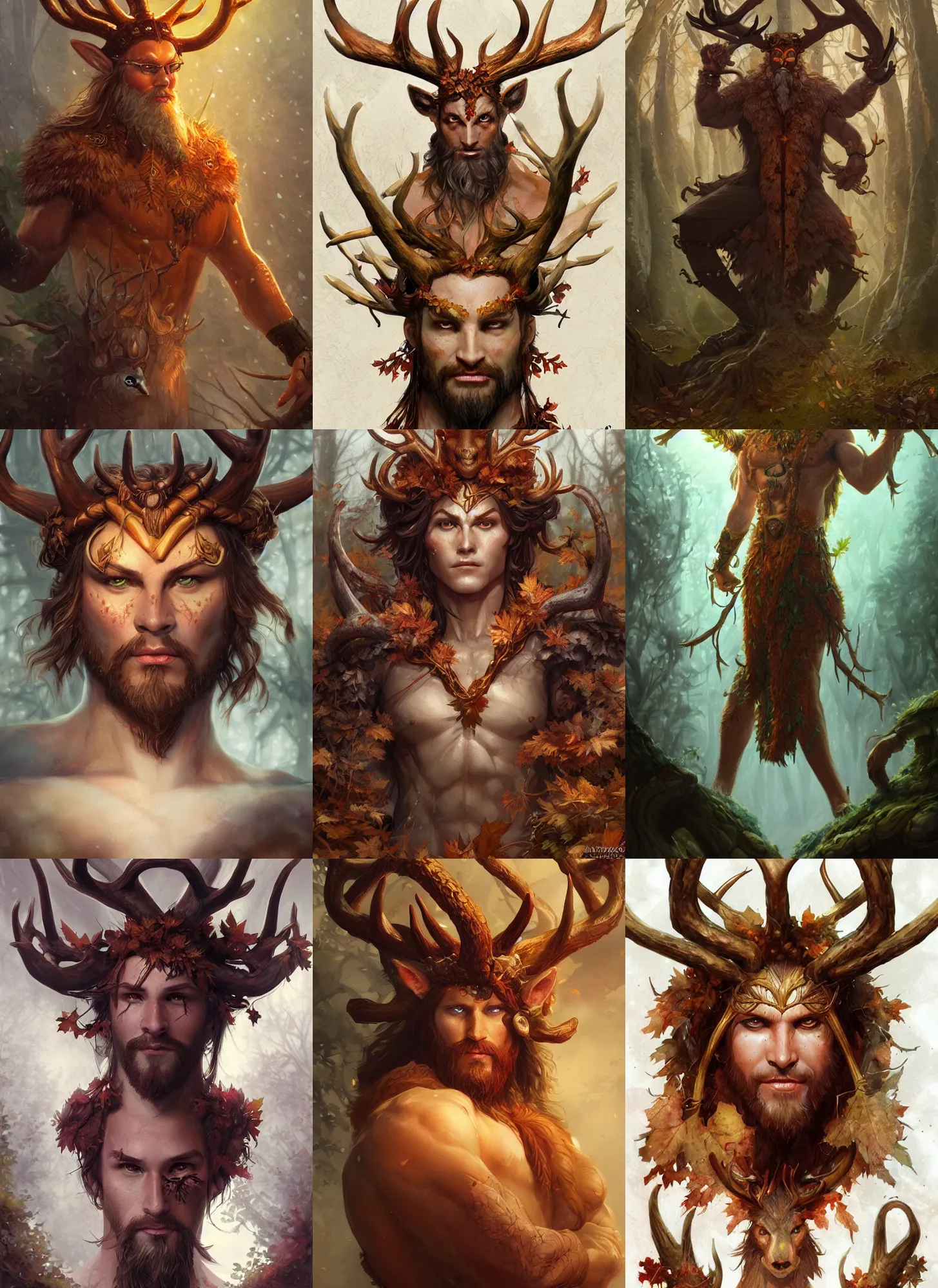 Prompt: autumnal cernunnos, d & d, fantasy, portrait, highly detailed, digital painting, trending on artstation, concept art, sharp focus, illustration, art by artgerm and greg rutkowski and magali villeneuve