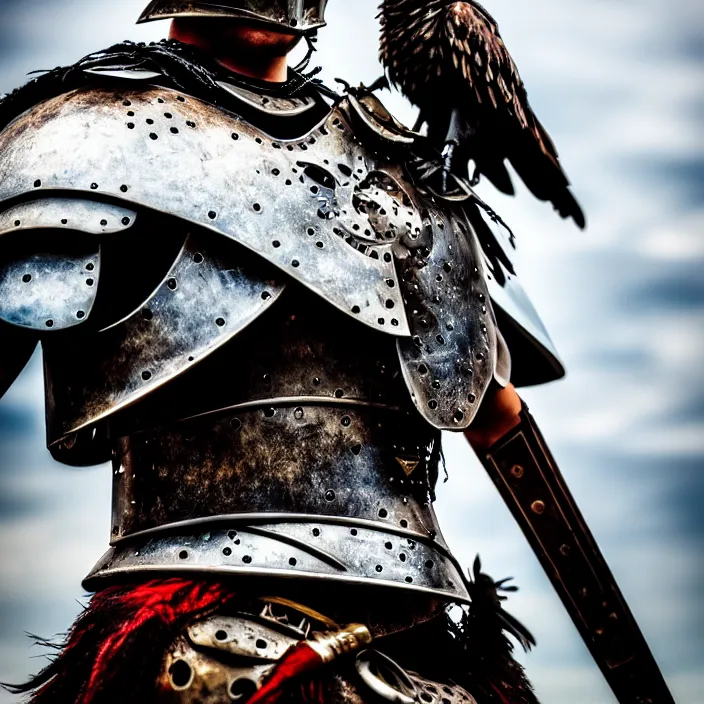 Image similar to photo of a warrior with metal crow themed armour, highly detailed, 4 k, hdr, smooth, sharp focus, high resolution, award - winning photo