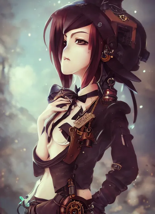 Image similar to steampunk themed anime girl with a steampunk robotic crow on her shoulder, finely detailed, portrait, beautiful, cinematic lighting, made by wlop, artgerm, illustration