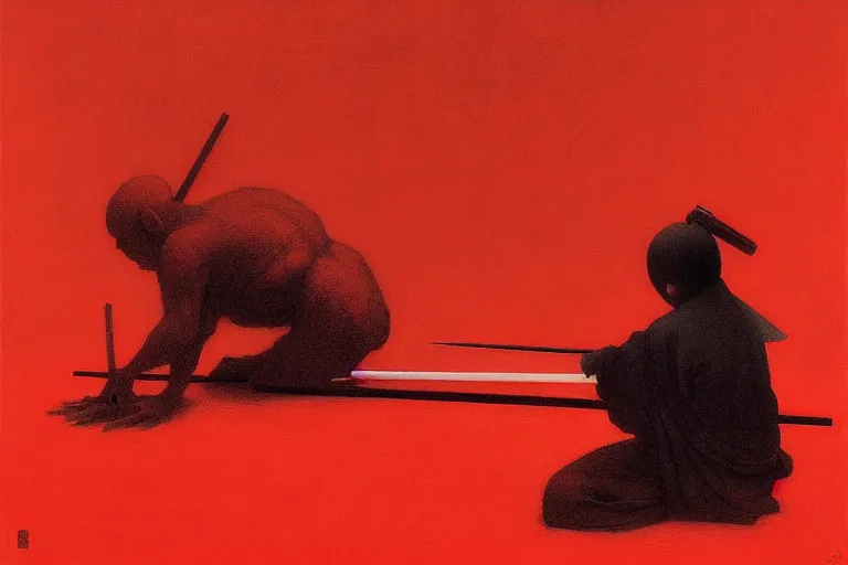 Image similar to only with red, a red samurai do seppuku, tokio, a lot of frogs watch, in the style of beksinski, parts by edward hopper, parts by rodcenko, parts by yue minjun, intricate and epic composition, red by caravaggio, insanely quality, highly detailed, masterpiece, red light, artstation, 4 k