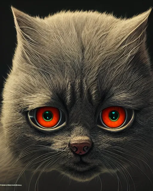 Image similar to portrait of funny giant cute eyes kitten, intricate abstract. intricate artwork, by tooth wu, wlop, beeple, dan mumford. concept art, octane render, trending on artstation, greg rutkowski very coherent symmetrical artwork. cinematic, key art, hyper realism, high detail, octane render, 8 k, iridescent accents