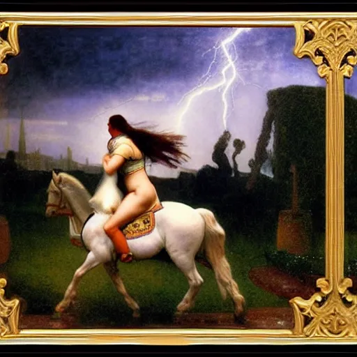 Image similar to Girl riding a horse leaving the castle through the bridge, thunderstorm, french garden on the background major arcana sky, by paul delaroche, alphonse mucha and arnold böcklin arnold böcklin hyperrealistic 8k, very detailed