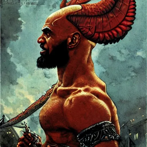 Prompt: a detailed rendition of kratos as lebron james riding a gigantic fire breathing dragon, art by norman rockwell