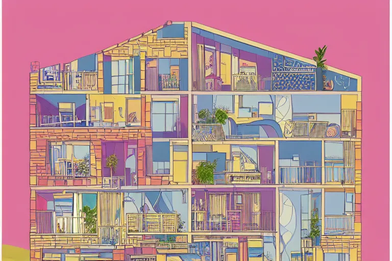 Prompt: a beautiful flat 2 dimensional illustration of a cross section of a house, view from the side, a storybook illustration by muti, colorful, minimalism, featured on dribble, unique architecture, behance hd, dynamic composition