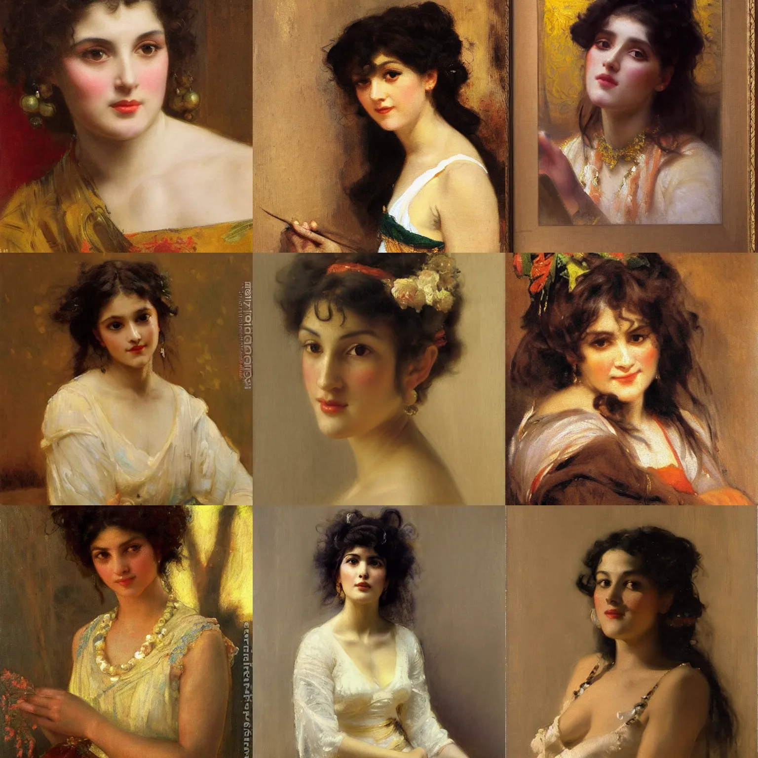 Prompt: orientalism painting of a cute woman with dark curls wearing a dress face detail by theodore ralli and nasreddine dinet and anders zorn and nikolay makovsky and edwin longsden long, oil on canvas, masterful intricate artwork, excellent lighting, high detail 8 k