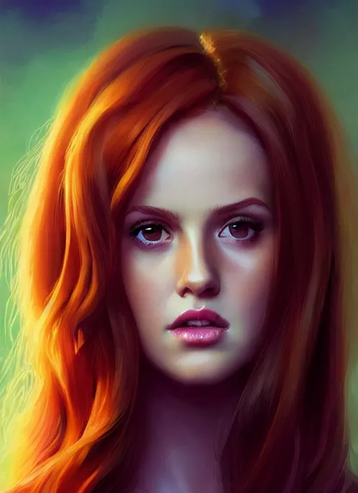 Image similar to full body portrait of teenage cheryl blossom, bangs, green eyes, mischievous expression, red hair, sultry smirk, bangs and wavy hair, intricate, elegant, glowing lights, highly detailed, digital painting, artstation, concept art, smooth, sharp focus, illustration, art by wlop, mars ravelo and greg rutkowski