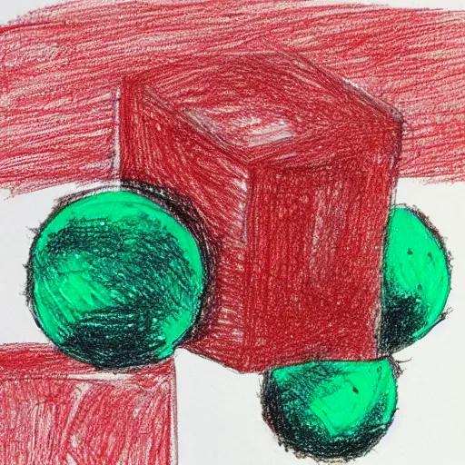 Prompt: chrome spheres on a red cube, drawn with felt tip pen