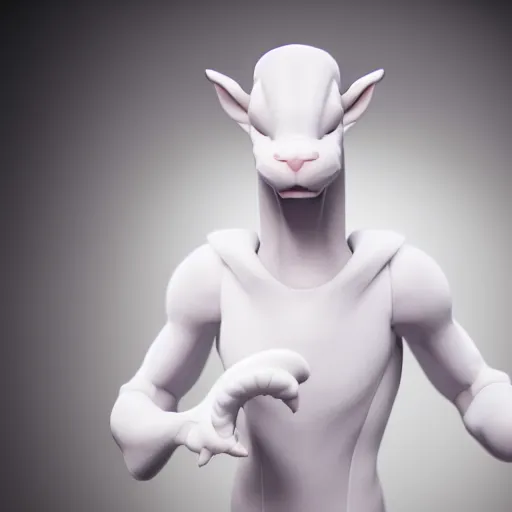 Image similar to realistic portrait of mewtwo, 1 0 0 mm, octane render, studio lighting