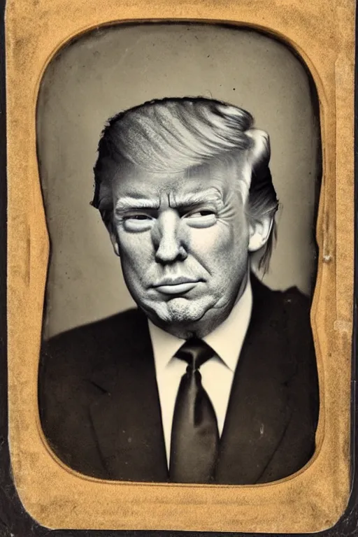 Image similar to a tintype photo of a caricature of Donald Trump