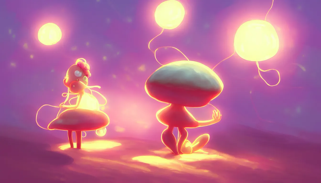 Image similar to concept art for a cute thicc humanoid mushroom creature, anime style, golden hour, lens flare, pastel pink glow, sitting on the beach | | epic - fine - clean, polished, trending on artstation, brush strokes