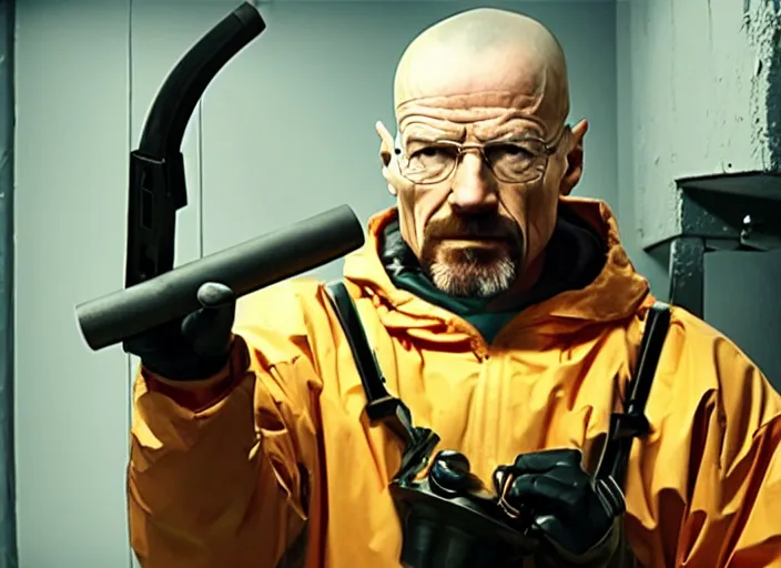 Image similar to film still of Walter White as Gordan Freeman holding a crowbar in the Half Life Movie, 4k