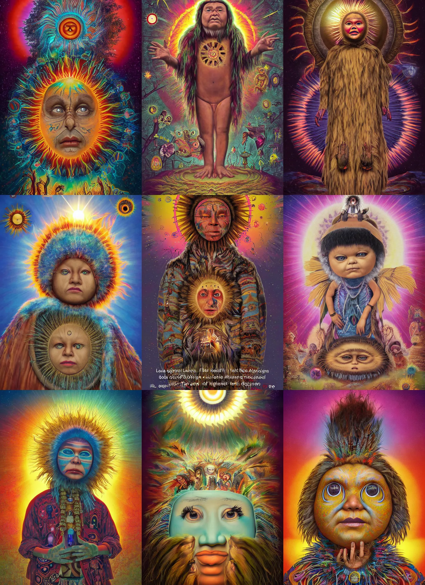 Prompt: a spiritual diagram poster artwork by martine joana, mark ryden, lisa frank, garbage pail kids, of a selk'nam in deep interconnection with the soul of the sun, from scene fromthe revenant movie, aboriginal, very irisdicense, houdini algorithmic generative render, sharp focus, dinamic composition, octane render 8 k