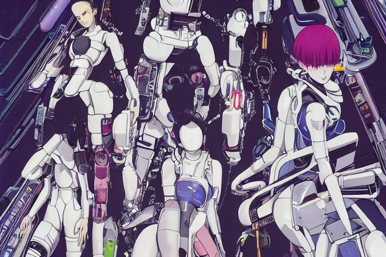 Image similar to a cyberpunk anime illustration of a group of female androids' body parts lying scattered over an abstract, empty, white floor, by masamune shirow, hajime sorayama and katsuhiro otomo, view from above, minimalist