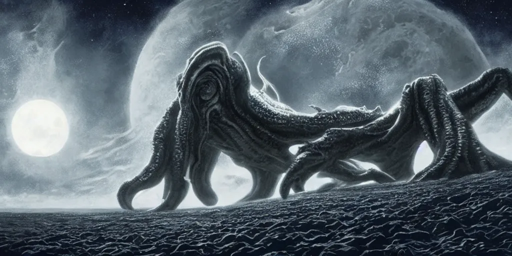 Image similar to giant Cthulhu silhouetted on surface of rocketship, photorealistic, wide-angle, long shot, epic, space, lunar backdrop