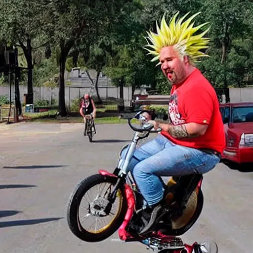 Image similar to guy fieri riding unicycle eating hot dog