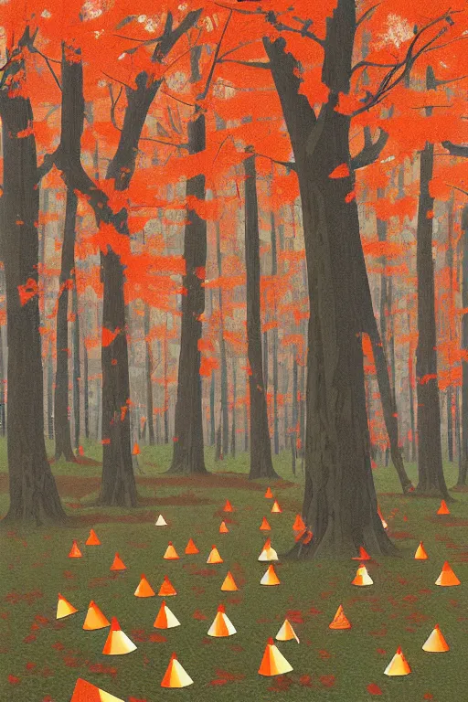 Image similar to painting of safety cones scattered around an oak tree forest, by james jean by ilya kuvshinov kintsugi