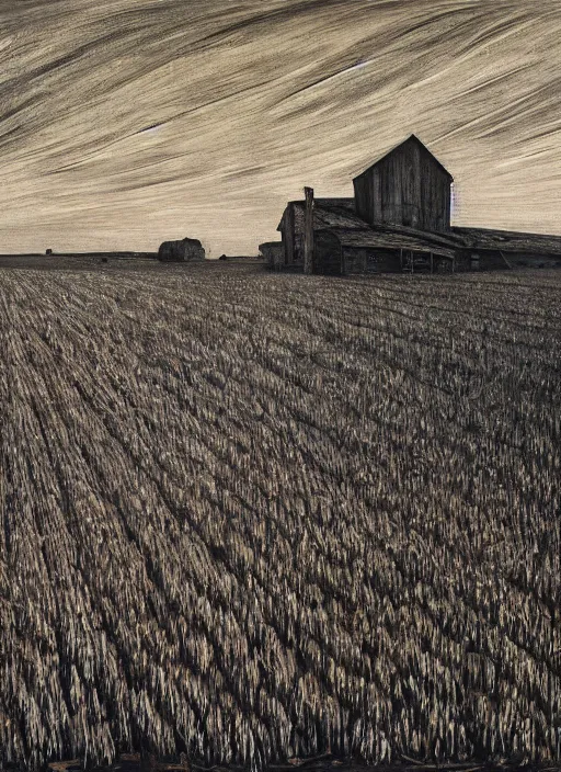 Image similar to Oil painting - An abondoned farmhouse with wheat field - the wheat field is splotched by mold - by Lucian Freud and Jenny Saville, Abstract brush strokes, Masterpiece, Edward Hopper and James Gilleard, Zdzislaw Beksinski, Mark Ryden, Wolfgang Lettl highly detailed, hints of Yayoi Kasuma