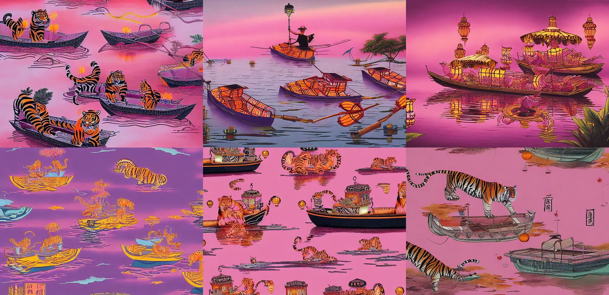 Prompt: tigers retro boats on river asian lanterns pink hues, surrealism, ornate, oriental