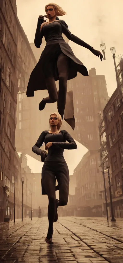 Image similar to beautiful annie leonhart running on high heels with open toe in dunwall city, redshift render, beautiful face, detailed face, cinematic lighting, rainy weather, melancholy atmosphere, volumetric light, octane render, dishonored 1, gothic architecture, realistic reflections, octane render 8 k, model women