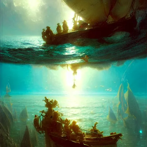 Image similar to point of view of deep in the ocean looking up, you see fishes, higher up you see very clearly the milk way illuminating the sea down bellow. highly detailed painting by gaston bussiere, greg rutkowski 8 k